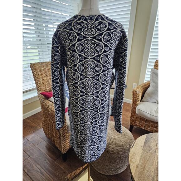 J Mclaughlin Soft Knit Cardigan Duster Women's Size L Navy Damask Cozy - Picture 10 of 14